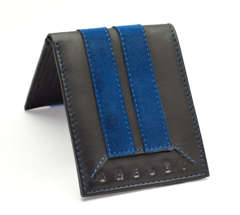 Snake Head Black Leather Wallet with Alcantara Blue Stripe