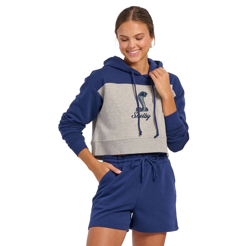 Ladies 2-Tone Cropped Fleece Hoody - Navy/Oxford Heather