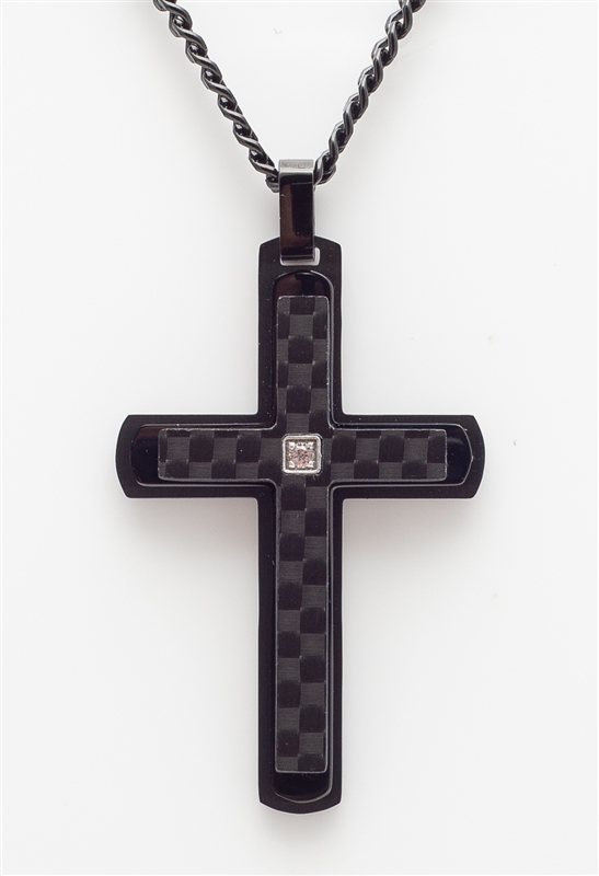 Carbon Fiber and Black Stainless Steel Cross Pendant